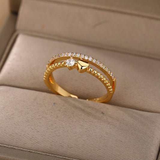 Double Layer Heart Zircon Rings For Women Stainless Steel Crystal Finger Ring 2023 Trend Wedding Jewelry Couple Gift anillos
