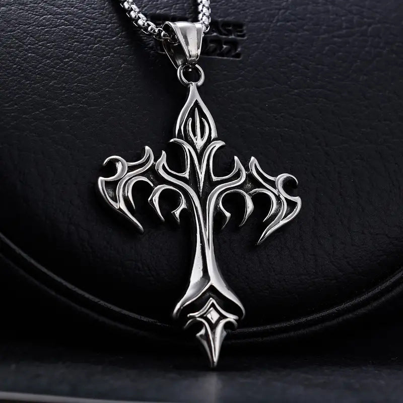 Flame Retro Cross Stainless Steel Pendant Necklace for Men and Women