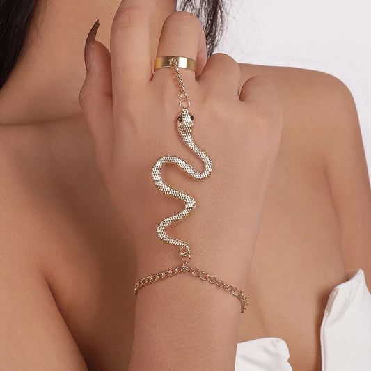 Unique Goth Connecting Finger Rings Snake Bracelet for Women Trendy 2025Vintage Charm Tassel Bangles Couple Hand Jewelry Gift