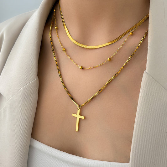 316L Stainless Steel New Fashion Upscale Jewelry 3 Layer Beaded Cross Charms Thick Chain Choker Necklaces & Pendants For Women