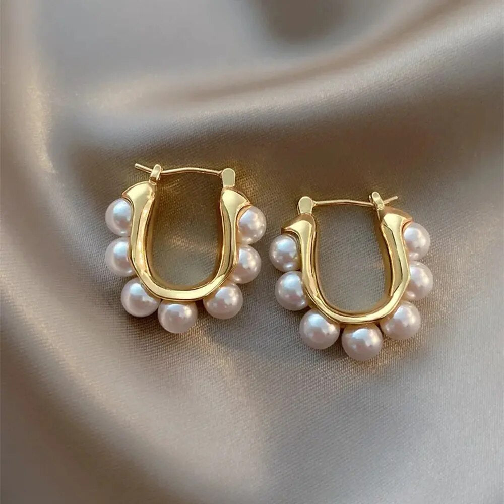 U-Shaped Hoop Earrings Gold Imitation Pearl Wedding Jewelry