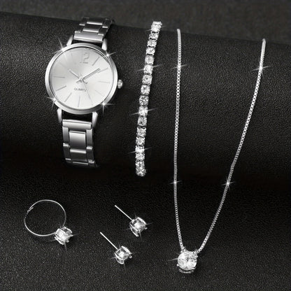 6PCS Women's Quartz Watch Set Stainless Steel Diamond Wrist Jewelry