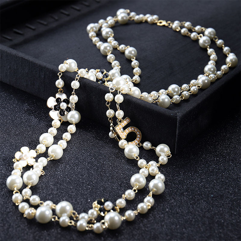long pendants layered Camellia pearl necklace collares de moda flower party jewelry