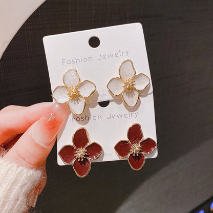 Hibiscus Dropped Glaze Flower Stud Earrings for Women Girl French Ins Vintage 2025 Fashion Korean Wedding Romantic Jewelry Gifts