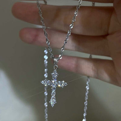 Women’s Punk Cross Necklace Shiny Zircon Thin Chain Jewelry