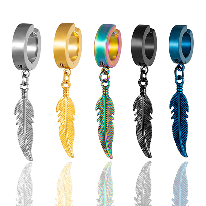 1 Pair Stainless Steel Feather Ear Clip For Man Women Korean Fashion Design Leaf Hoop Earrings Punk On Drop Piercing Ear Jewelry