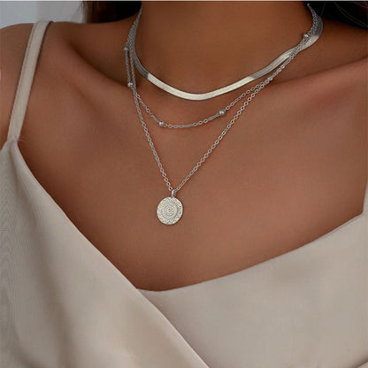 Fashion Flat Snake Chain With Three Layer Coin Disc Pendant Necklace For Women Jewelry Accessories