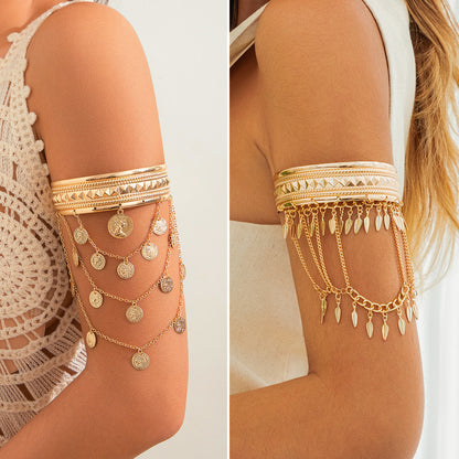 Golden Coin & Leaf Tassel Arm Cuff Unisex Upper Arm Bracelet