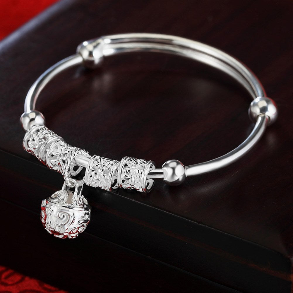 925 Sterling Silver Hollow Bell Adjustable Bangle for Women