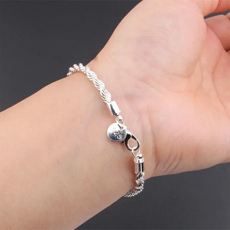 925 Silver 4mm Twisted Rope Bracelet for Men and Women