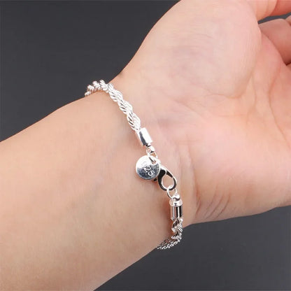 925 Silver 4mm Twisted Rope Bracelet for Men and Women