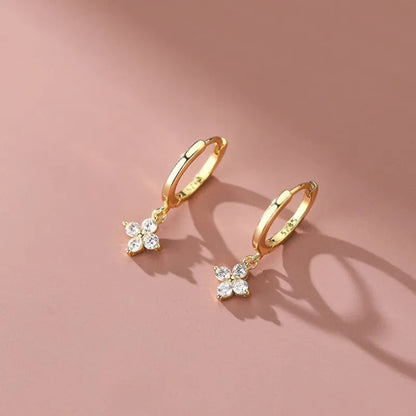 925 Silver Needle Zircon Four Leaf Hoop Earrings for Women Girls Fashion Huggies Party Wedding Jewelry Gift eh190