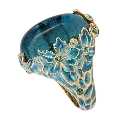 Elegant Gold Enamel Flower Ring with Blue Stone for Women Engagement