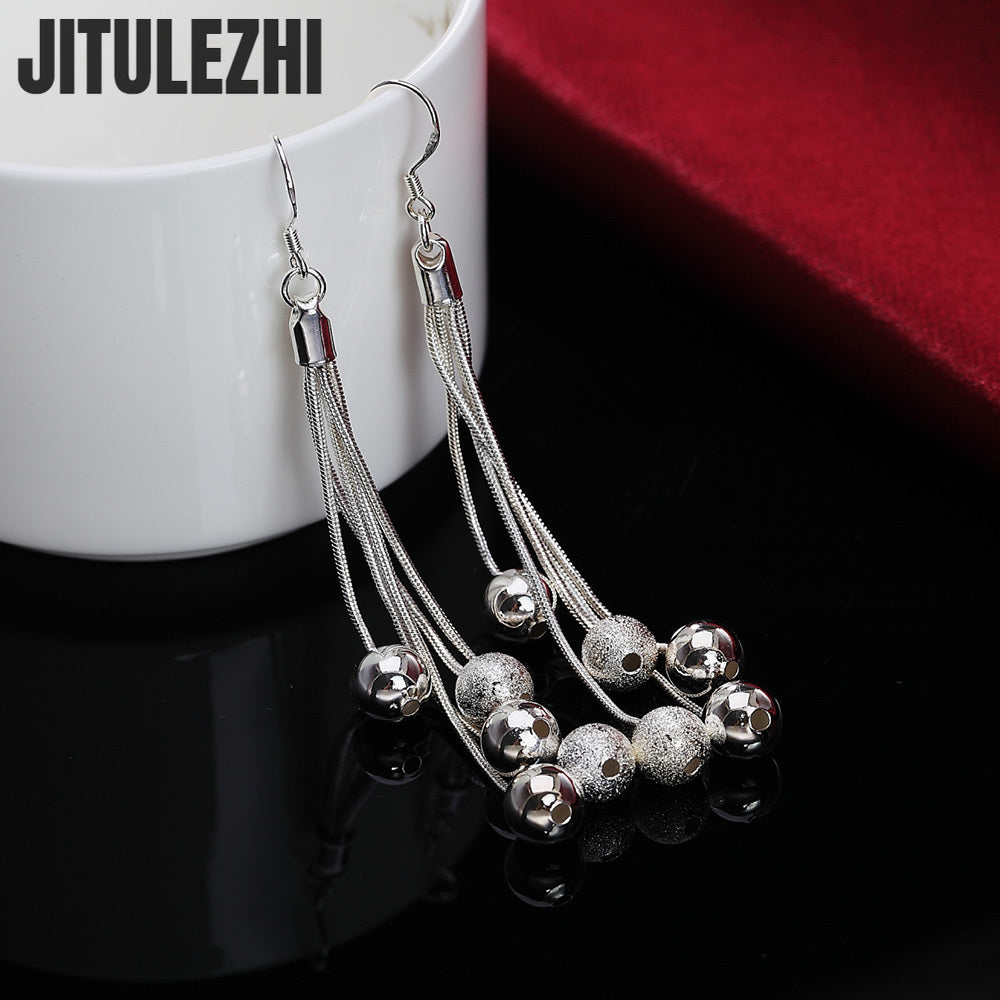 925 Sterling Silver Tassel Bead Long Earrings Women’s Party Jewelry