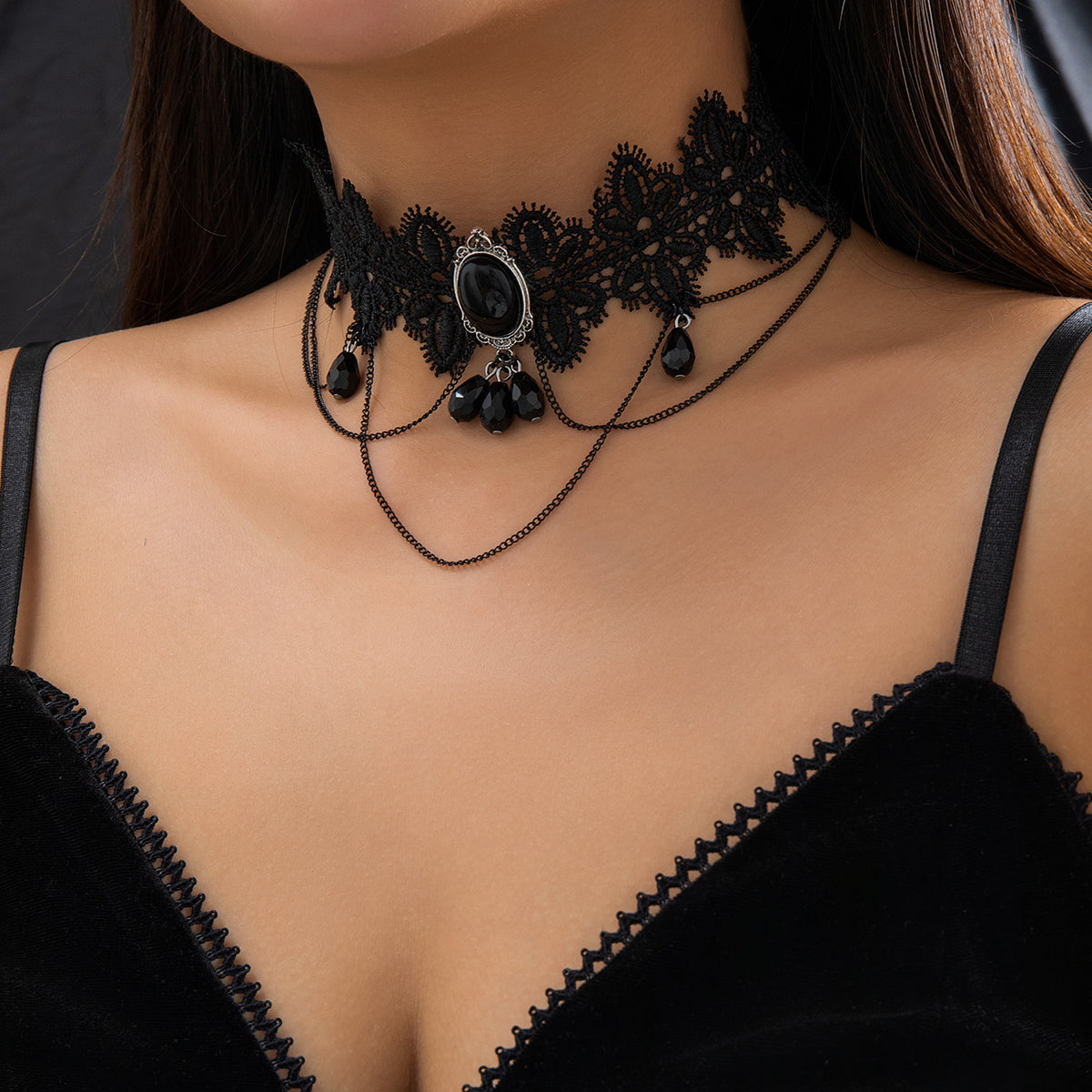 Lacteo Gothic Black Lace Choker with Crystal Beads Y2K Necklace