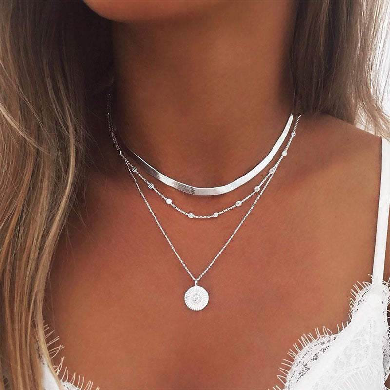 Fashion Flat Snake Chain With Three Layer Coin Disc Pendant Necklace For Women Jewelry Accessories