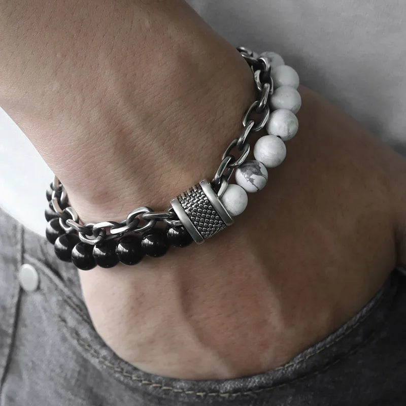 New 2020 Men's Tiger Eye Stone Beaded Bracelet Stainless Steel Gunmetal Link Chain Yoga Bracelet Male Jewelry