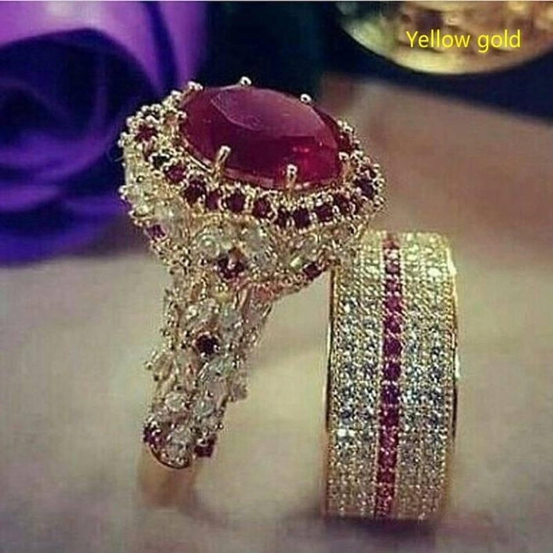 Elegant Gold Color Hip Hop Ring for Women Fashion Inlaid Zircon Red Stones Wedding Rings Set Party Bridal Engagement Jewelry