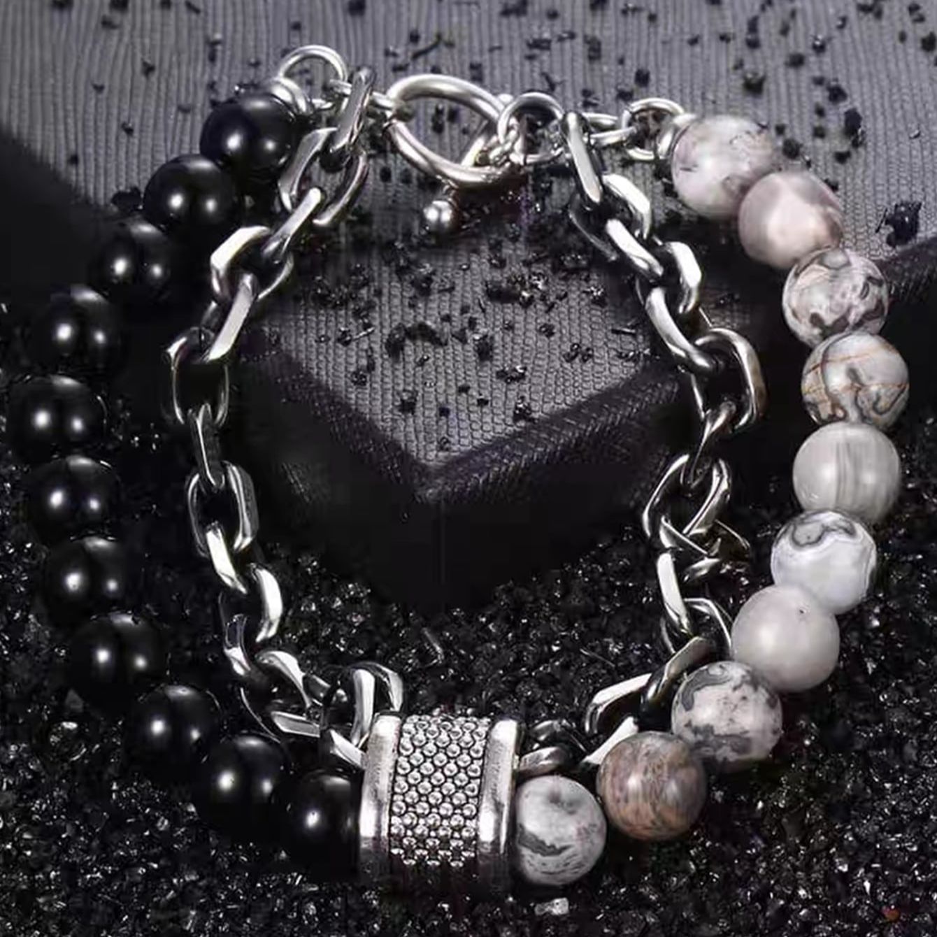 Punk Black Beaded Bracelet for Men Natural Stone Chain