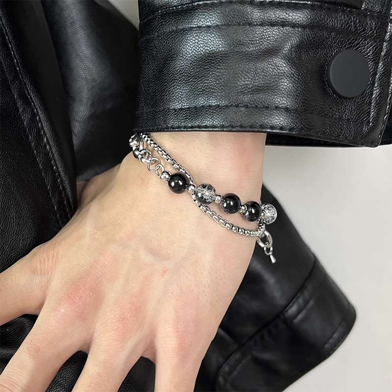 Stainless Steel Ice Cracking Bead Bracelet Layered Link Chain Jewelry