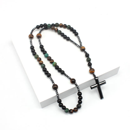 Natural Stone Africa Turquoise and Tiger-eye Beads Cross Pendant Necklace Rosary for Men and Women