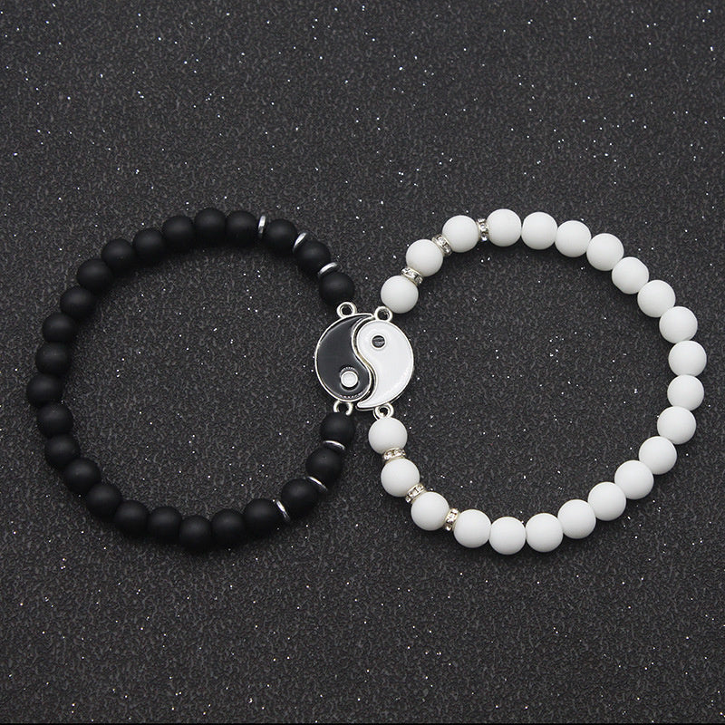 Yin Yang Tai Chi Natural Stone Bead Bracelet for Couples Friendship