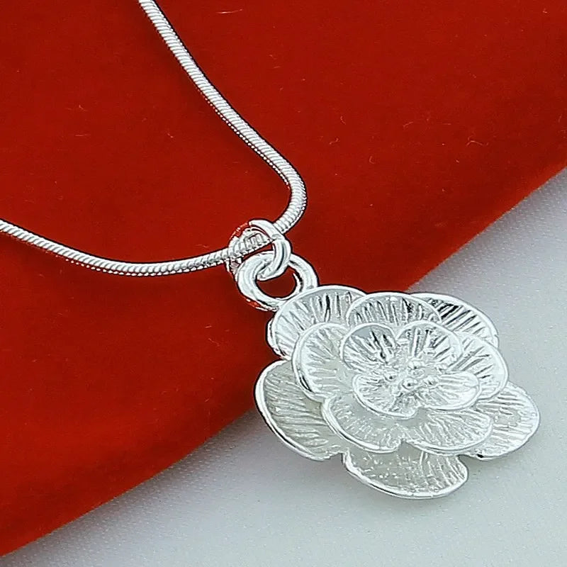 Silver Rose Flower Pendant Necklace with Snake Chain – 18/20/24/26/30 Inch