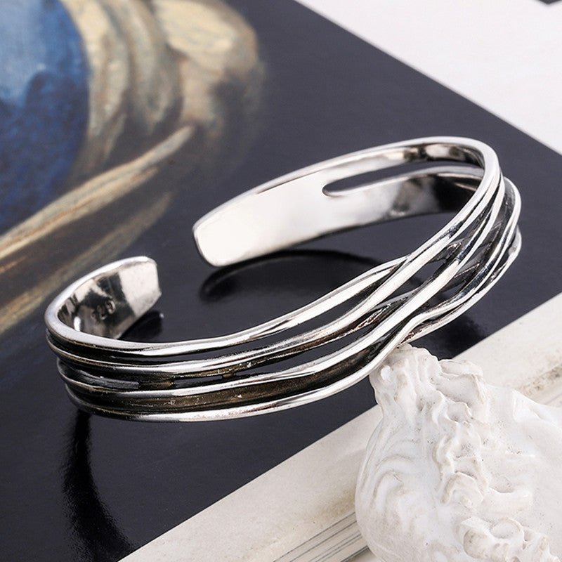 Retro Wave Braided Bracelet 925 Sterling Silver Geometric Bangle