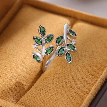 Green Crystal Leaf Ring 925 Sterling Silver Adjustable Women’s Jewelry