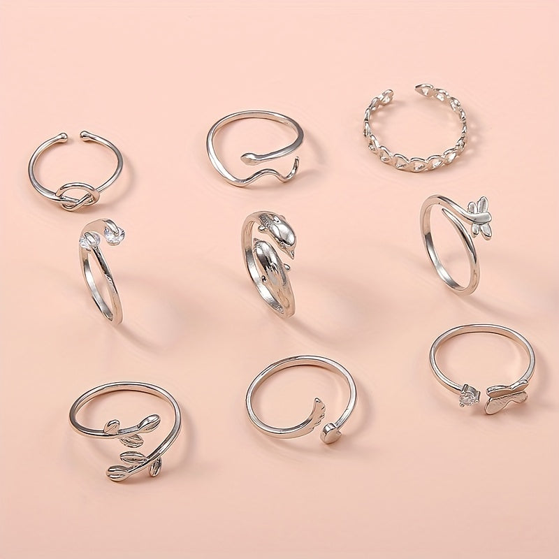 Bohemian 9-Piece Adjustable Toe Ring Set Snake, Butterfly & Dolphin Designs