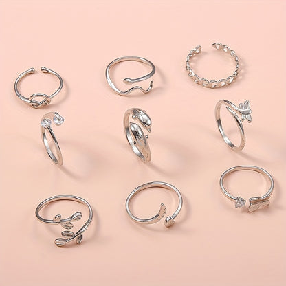 Bohemian 9-Piece Adjustable Toe Ring Set Snake, Butterfly & Dolphin Designs