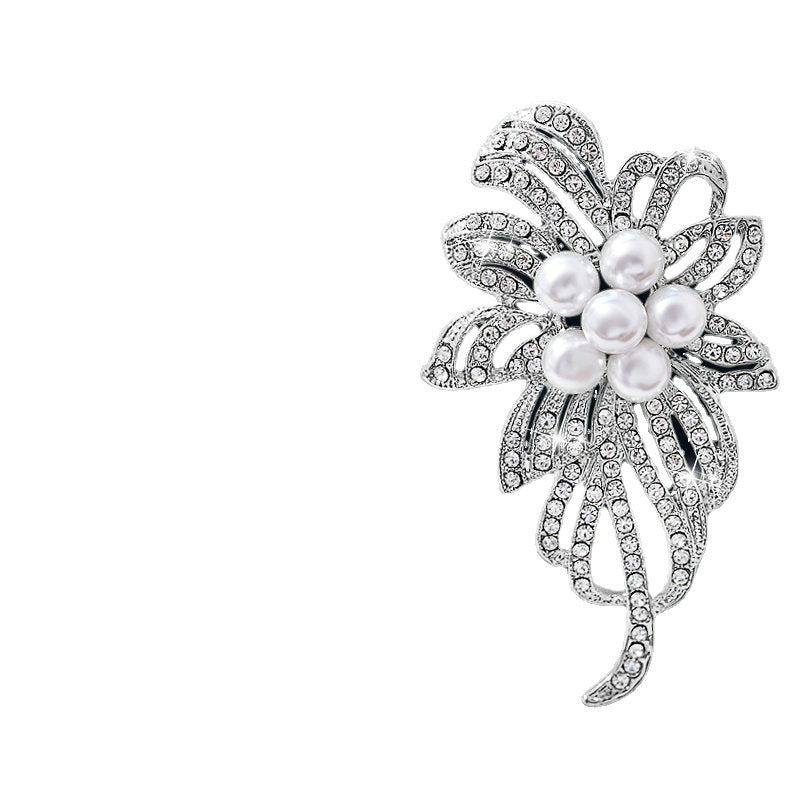 Luxury Crystal Flower Brooch for Women Rhinestone & Pearl Pin