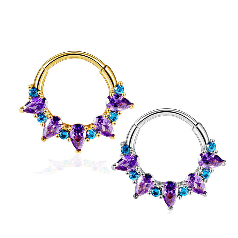 Gold Nose Ring Purple Cubic Zirconia Surgical Steel Septum Jewelry