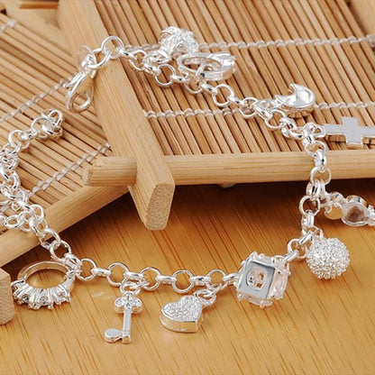 925 Sterling Silver Charm Bracelet 13 Pendant Chain Jewelry for Women