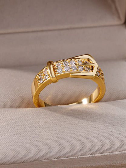 Zircon Belt Open Ring Gold Stainless Steel Unisex Wedding Jewelry