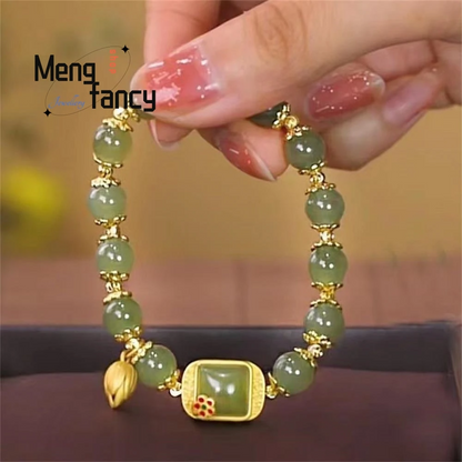 Natural Hetian Jade Square Lotus Bracelet Elegant Retro Chinese Jewelry