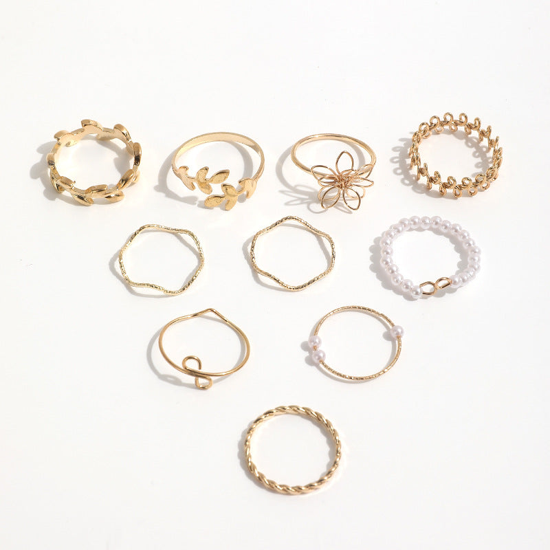 Bohemian style hollow flower set ring simple glossy leaf vine imitation pearl ring 10-piece set