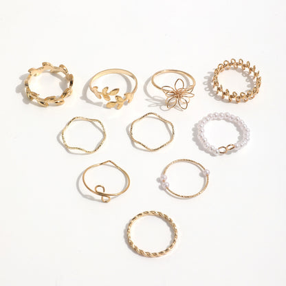 Bohemian style hollow flower set ring simple glossy leaf vine imitation pearl ring 10-piece set