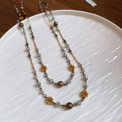 New Flower Glass Beaded Double Layered Stacking Chains Necklaces for Women Temperament Vintage Sweater High-end Fashion Jewelry