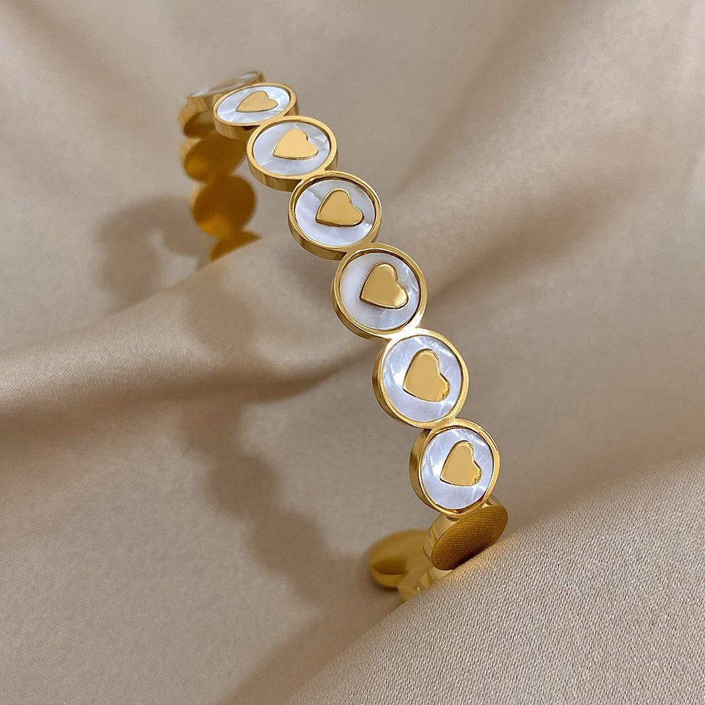 ALLYES White Shell Heart Cuff Bracelet Gold Stainless Steel Jewelry for Women