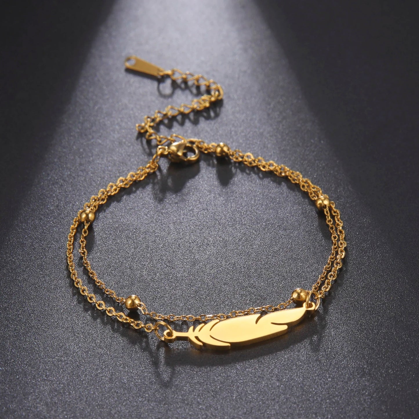 Feather Bead Double Layer Anklet Stainless Steel Gold & Silver Jewelry