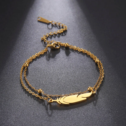 Feather Bead Double Layer Anklet Stainless Steel Gold & Silver Jewelry