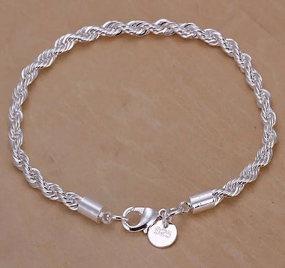 925 Silver 4mm Twisted Rope Bracelet for Men and Women