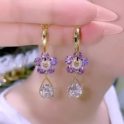 S925 Silver Purple Blue Crystal Flower Drop Earrings Women