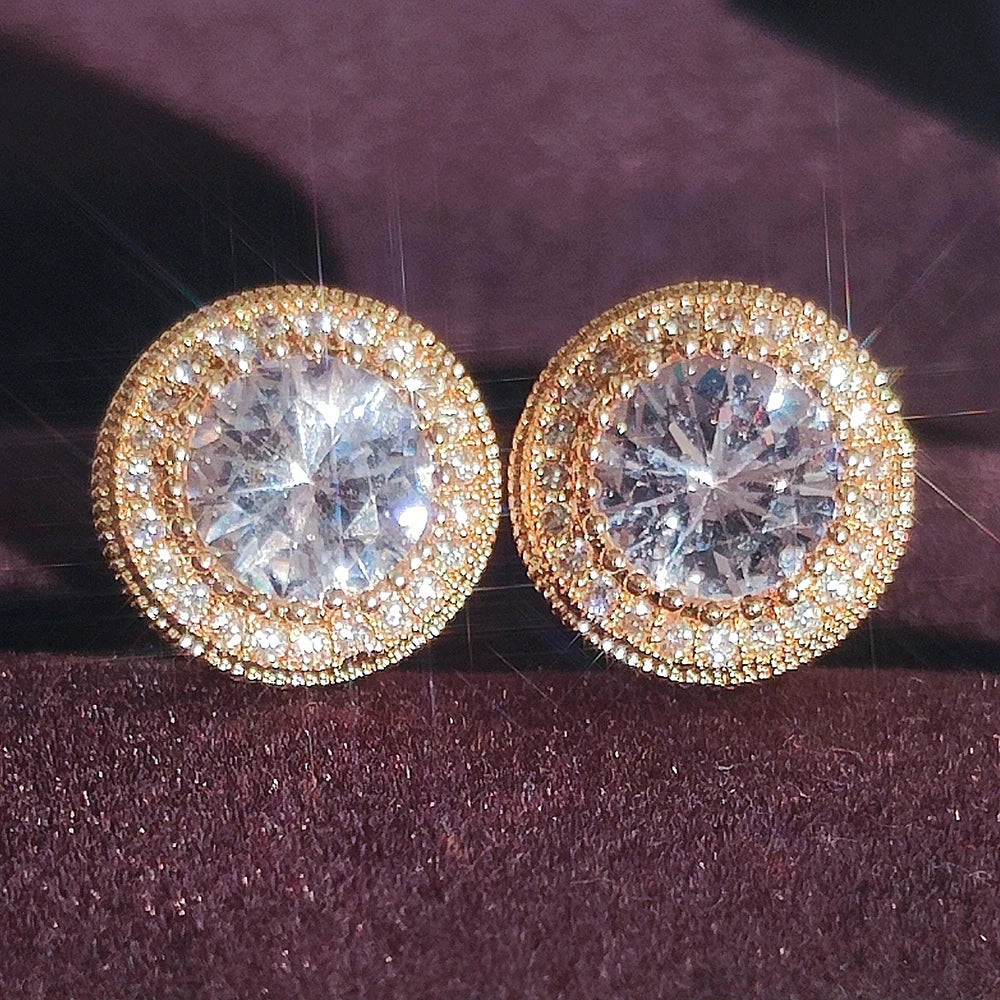 Moonso Female Austrian Round Earring Gold Color White Zirconia Hip Hop Wedding Stud Earrings For Women Jewelry E7565