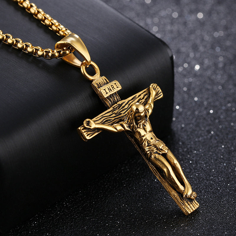 Jesus Cross Necklace Stainless Steel Gold & Silver Pendant for Men