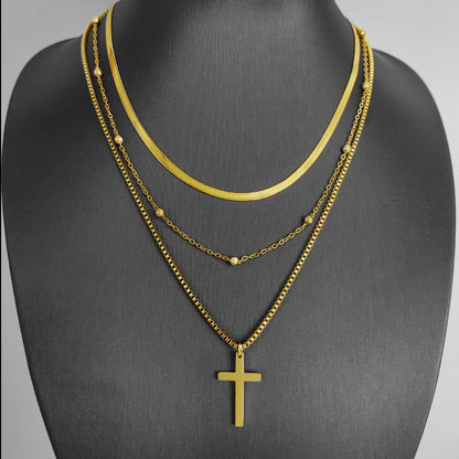 316L Stainless Steel New Fashion Upscale Jewelry 3 Layer Beaded Cross Charms Thick Chain Choker Necklaces & Pendants For Women