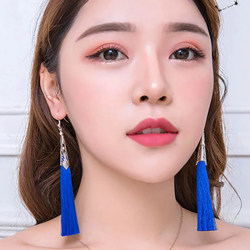 Bohemian Tassel Long Earrings White Red Silk for Women