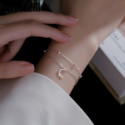 925 Sterling Silver Star & Moon Bracelet Double-Layer Women’s Jewelry