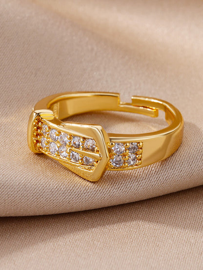 Zircon Belt Open Ring Gold Stainless Steel Unisex Wedding Jewelry